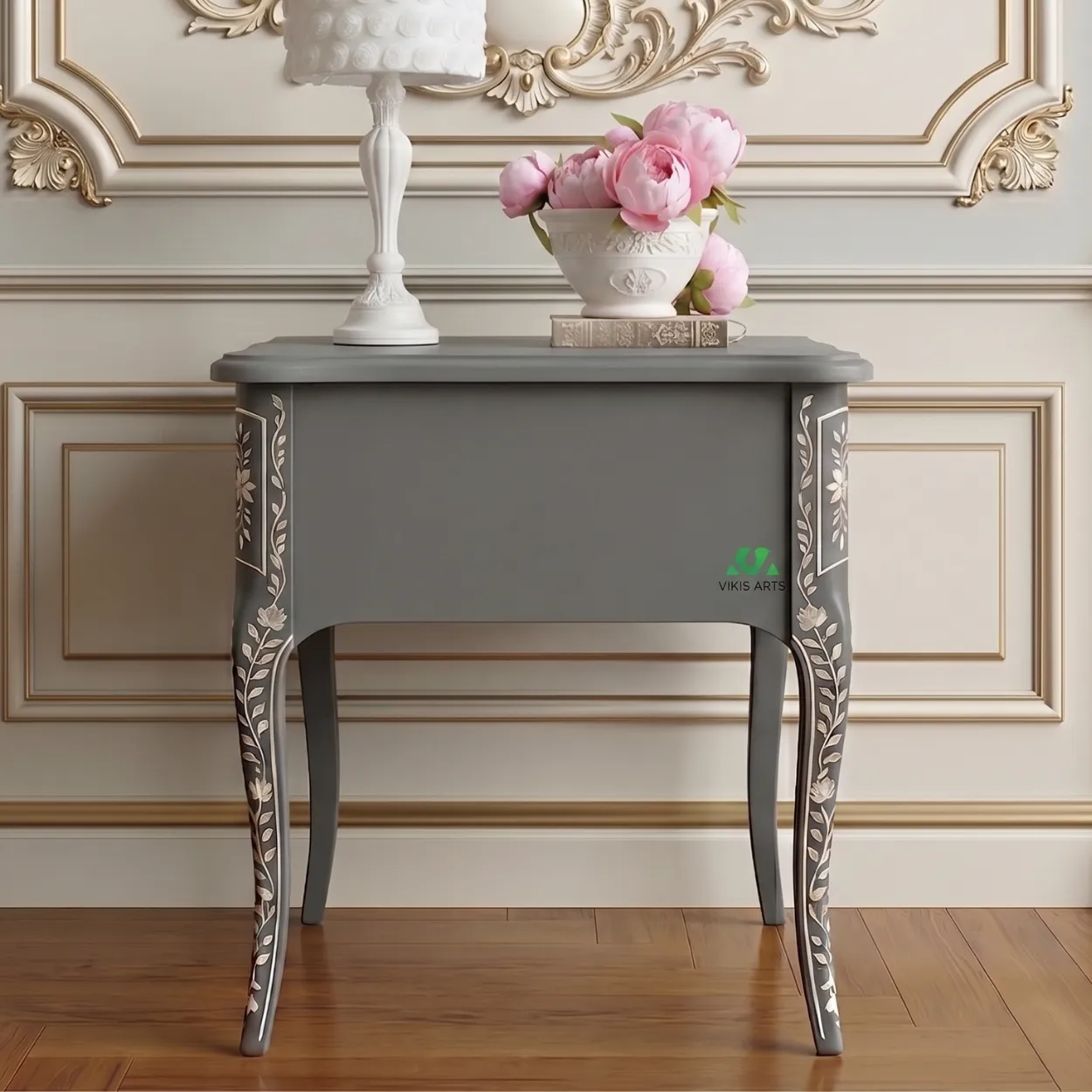 Mother Of Pearl Grey Bedside Table With two Drawer - Image 2