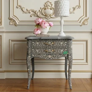 Mother Of Pearl Grey Bedside Table With two Drawer