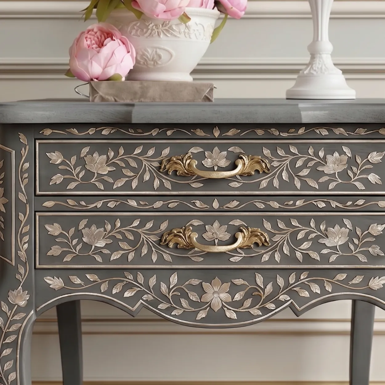 Mother Of Pearl Grey Bedside Table With two Drawer - Image 6