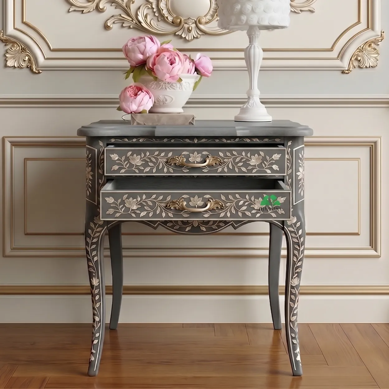 Mother Of Pearl Grey Bedside Table With two Drawer - Image 5