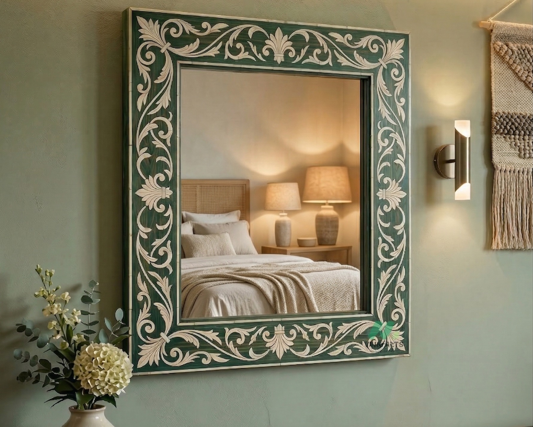 Bone Inlay Green Square Mirror Frame