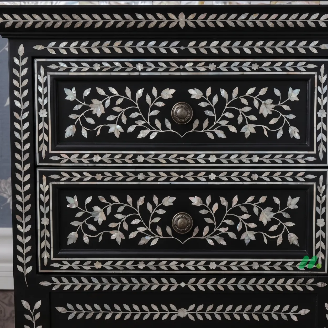 Mother Of Pearl Black Bedside Table with Two Drawer - Image 5