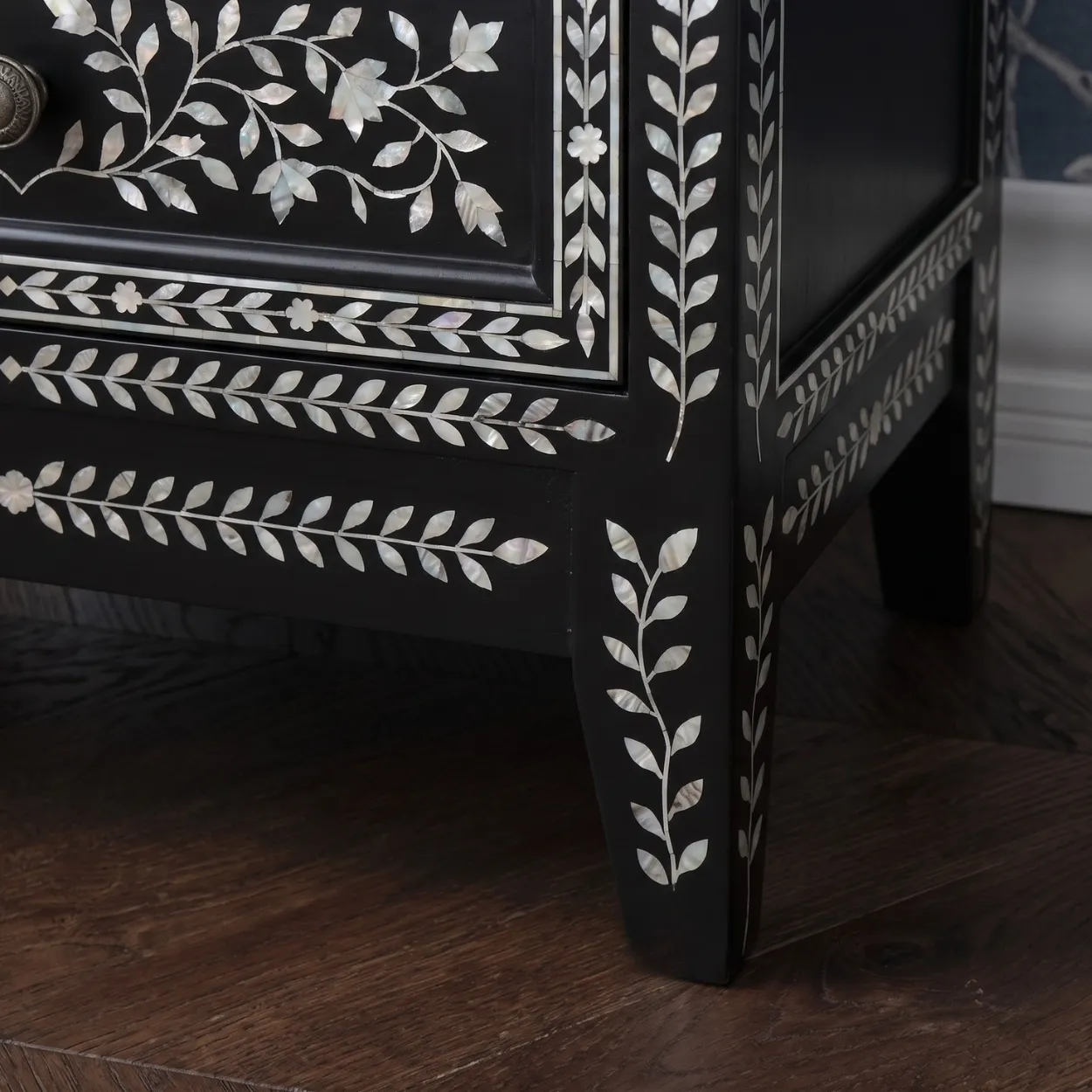 Mother Of Pearl Black Bedside Table with Two Drawer - Image 7