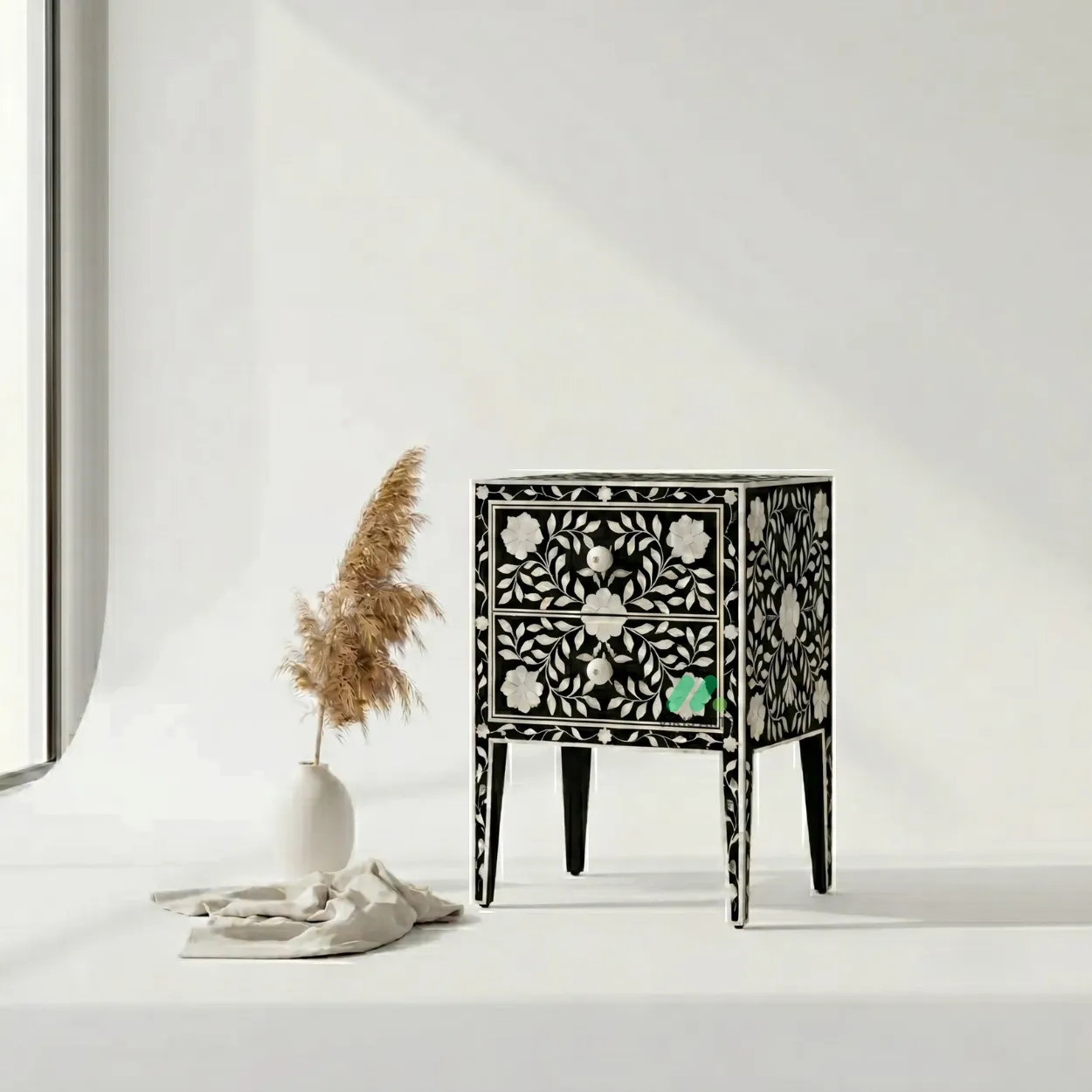 Mother Of Pearl Black Two Drawer Bedside