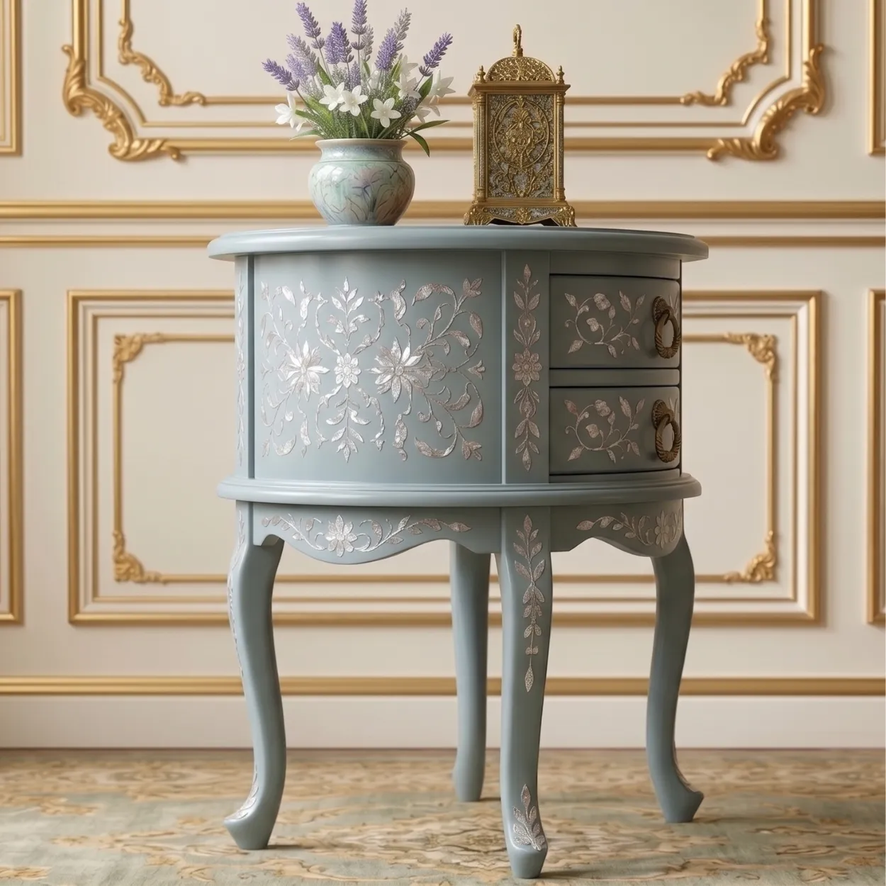 Mother of Pearl Light Blue Round Bedside Table - Image 4
