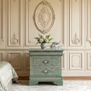 Bone Inlay Green Bedside Table with Two Drawer