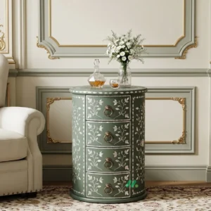 Mother of Pearl Green Round Four Drawer Nightstand