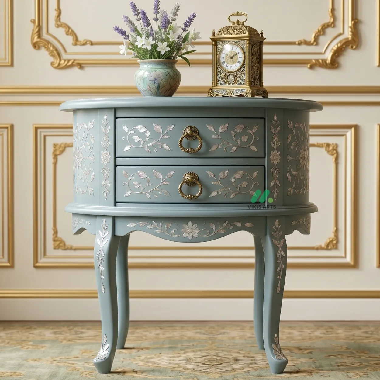 Mother of Pearl Light Blue Round Bedside Table