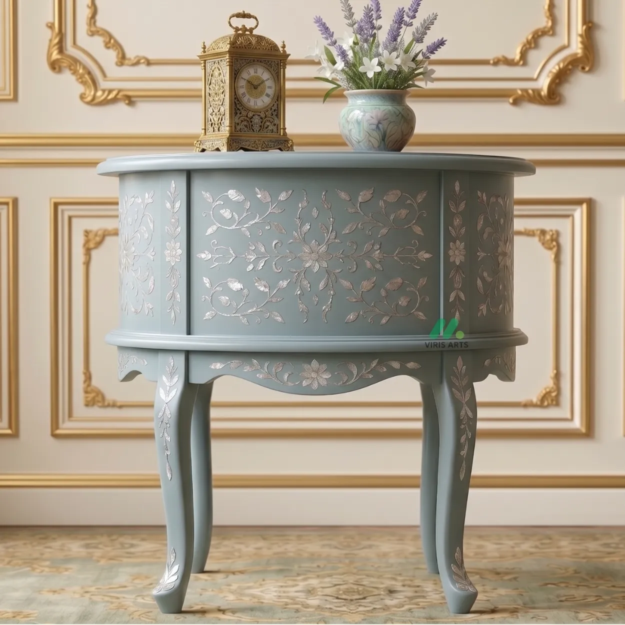 Mother of Pearl Light Blue Round Bedside Table - Image 2