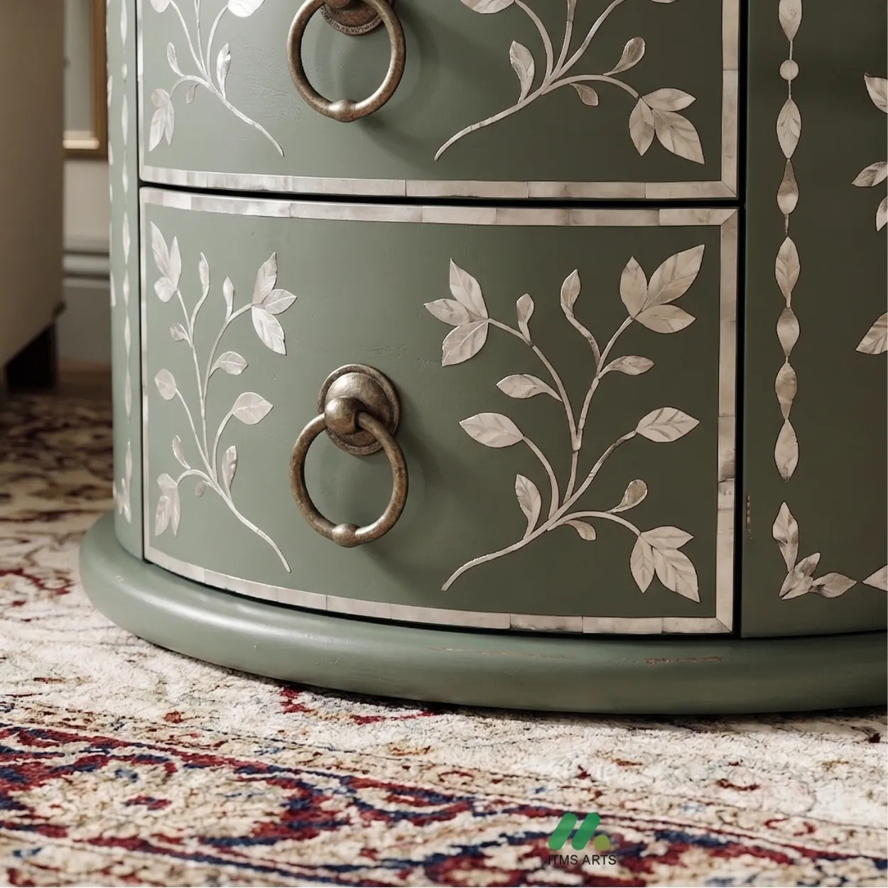 Mother of Pearl Green Round Four Drawer Nightstand - Image 6