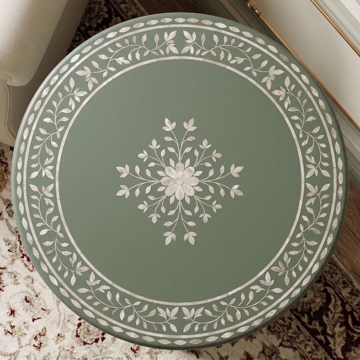 Mother of Pearl Green Round Four Drawer Nightstand - Image 3