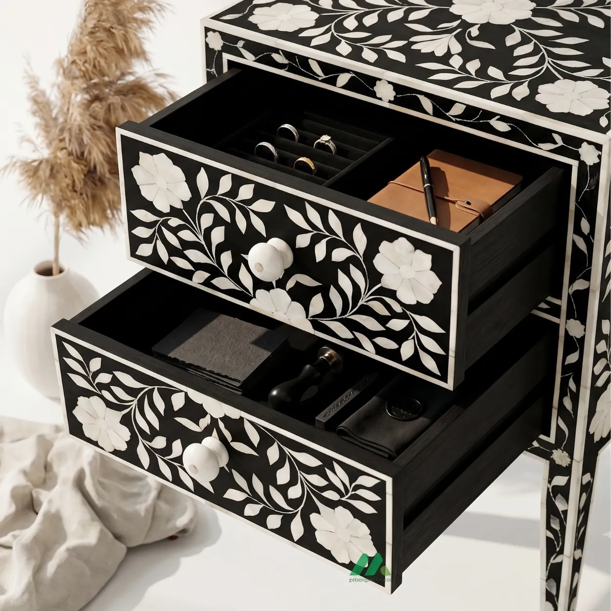 Mother Of Pearl Black Two Drawer Bedside - Image 5