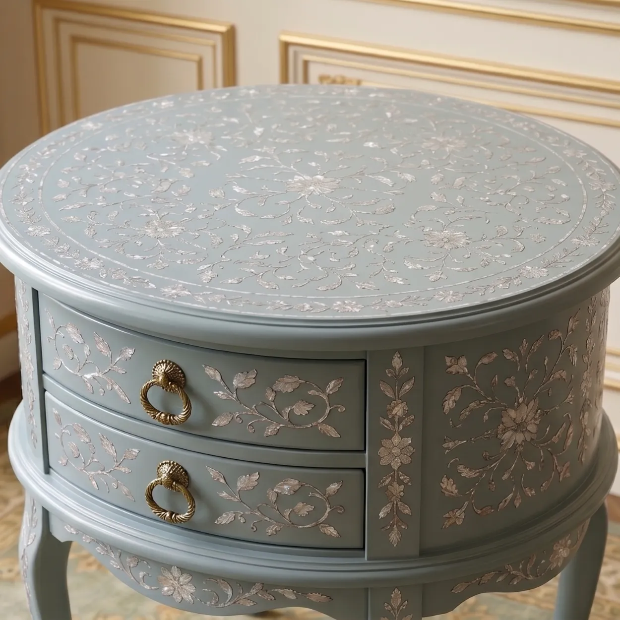 Mother of Pearl Light Blue Round Bedside Table - Image 5