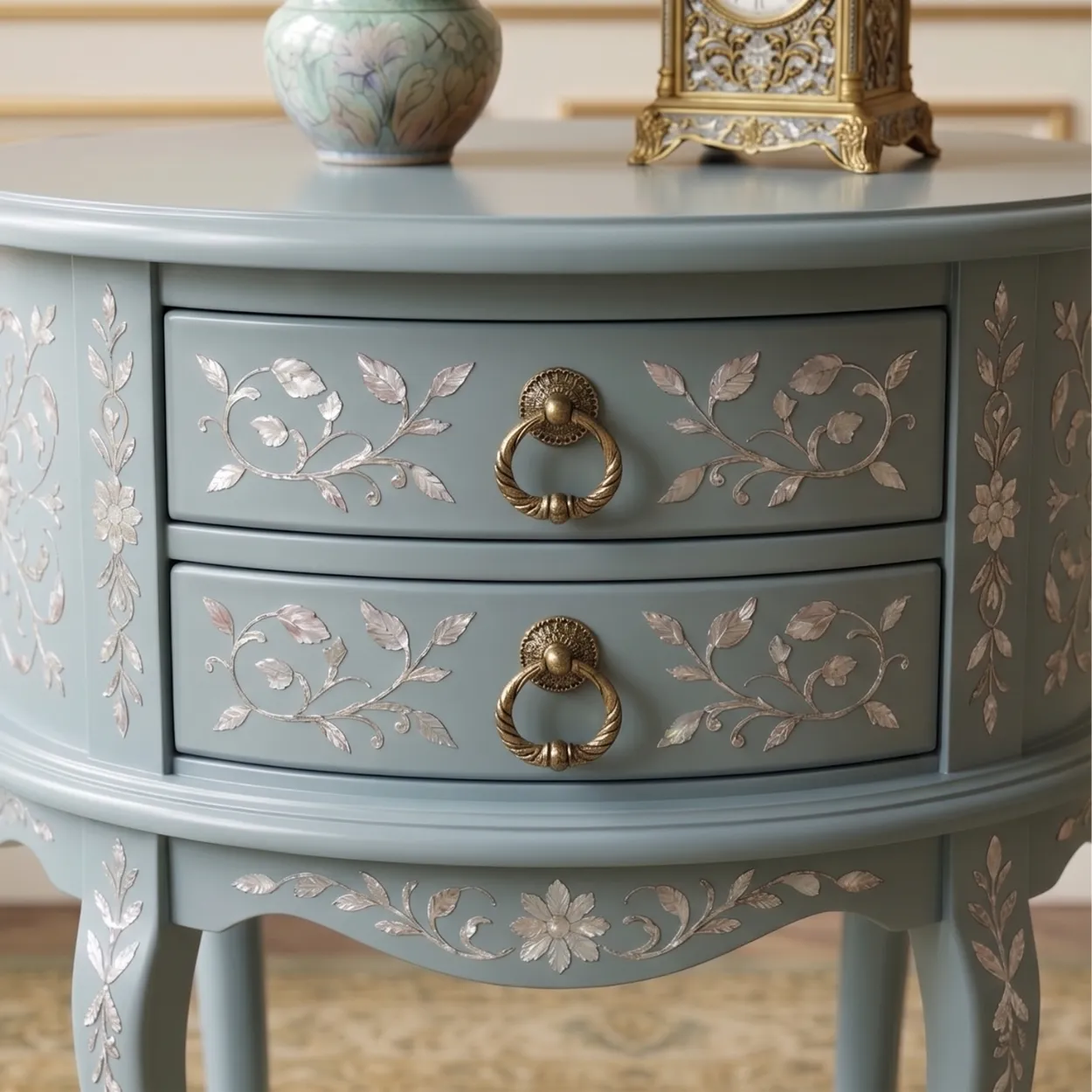 Mother of Pearl Light Blue Round Bedside Table - Image 7
