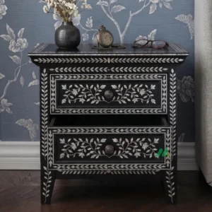 Mother Of Pearl Black Bedside Table with Two Drawer