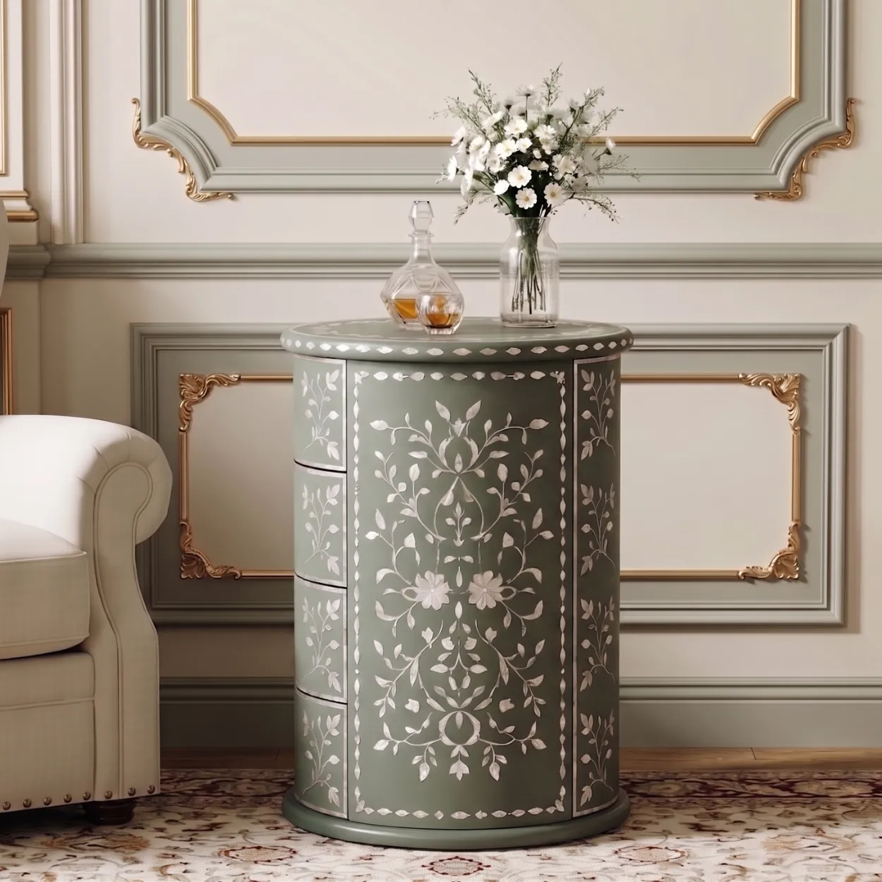 Mother of Pearl Green Round Four Drawer Nightstand - Image 5