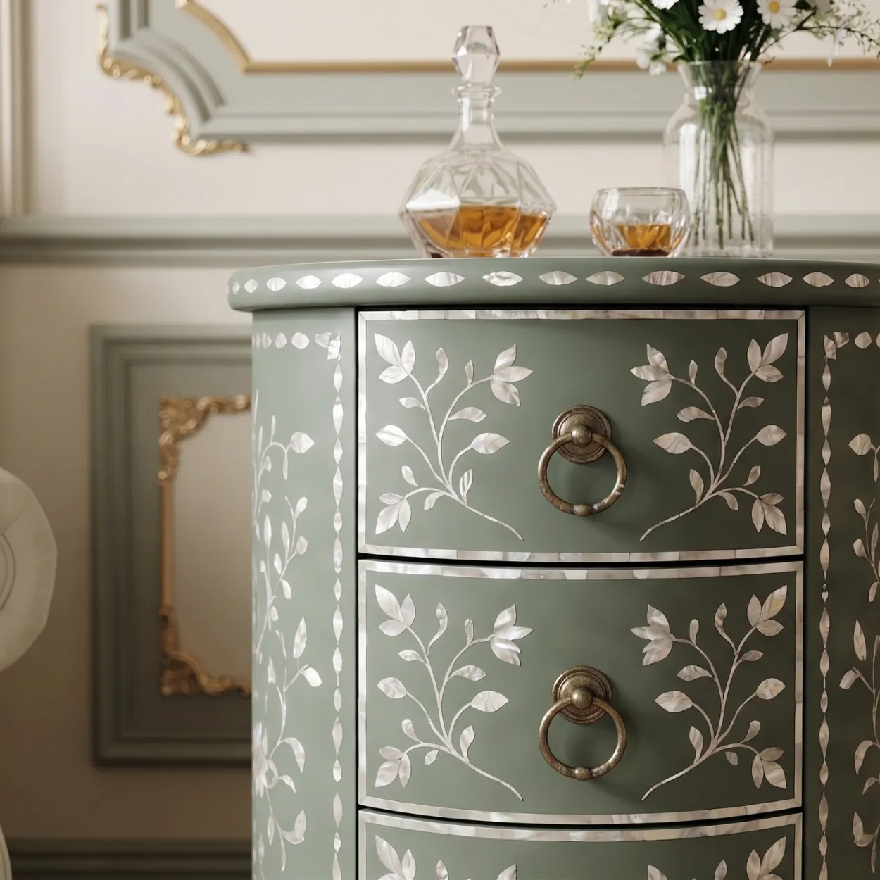 Mother of Pearl Green Round Four Drawer Nightstand - Image 2