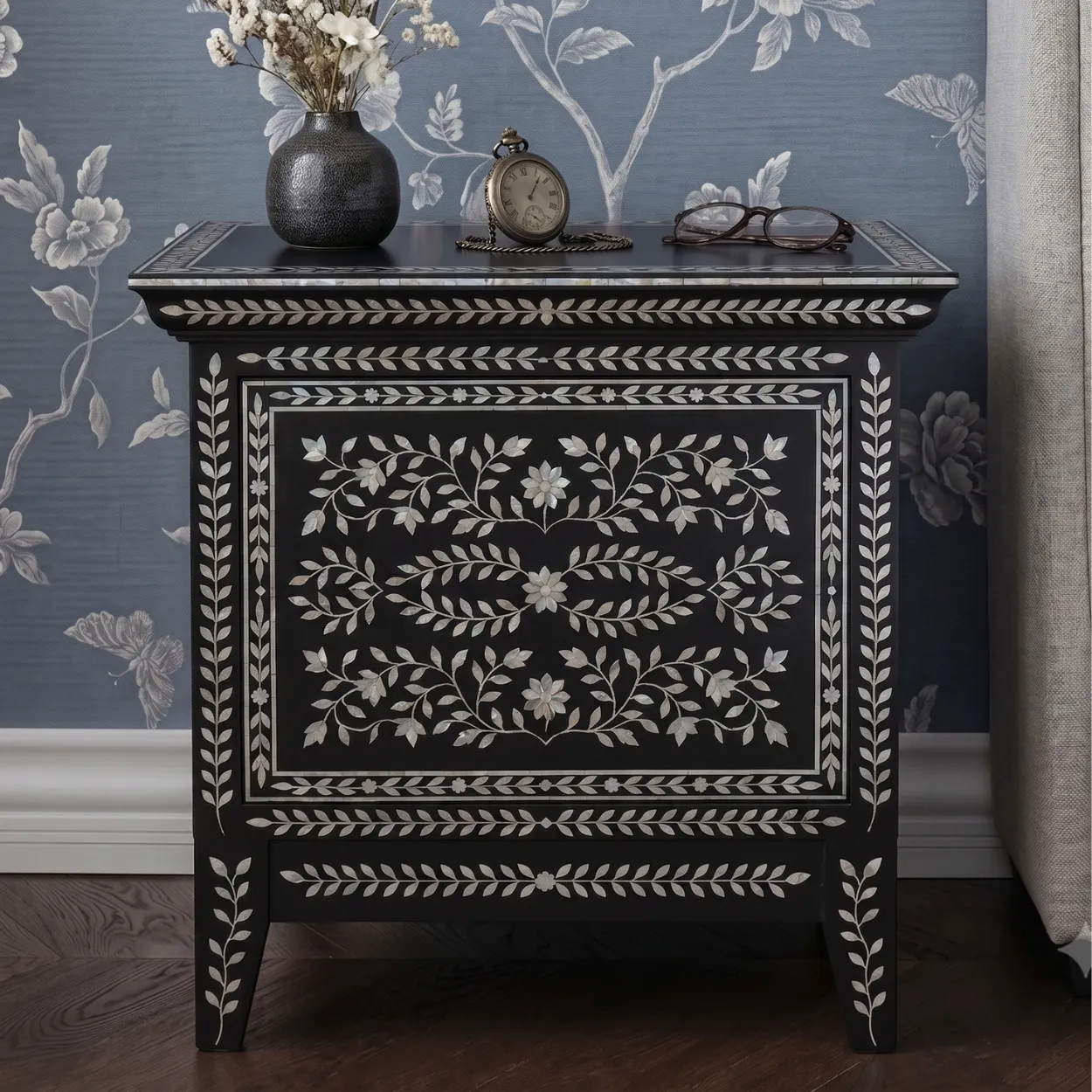 Mother Of Pearl Black Bedside Table with Two Drawer - Image 4