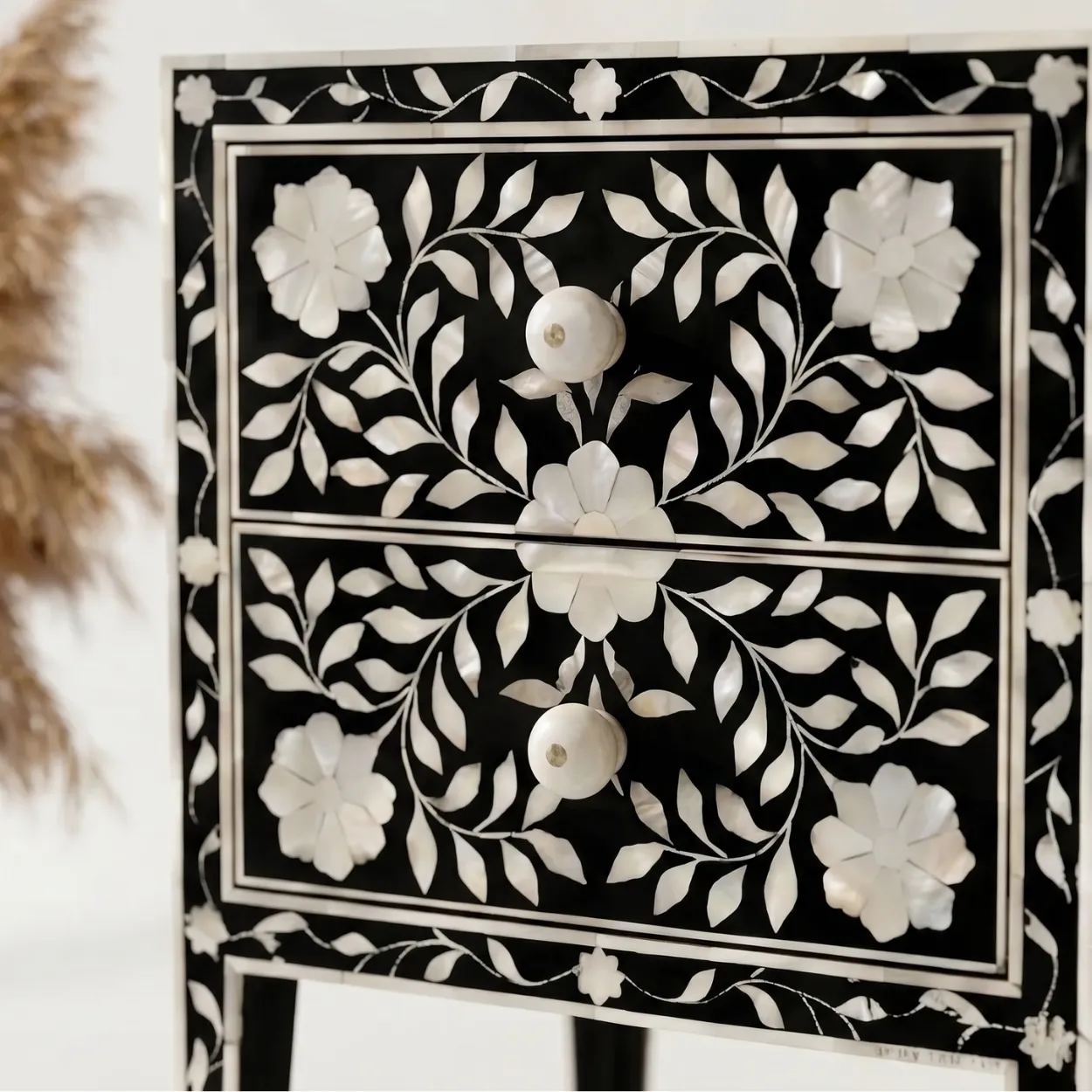 Mother Of Pearl Black Two Drawer Bedside - Image 6