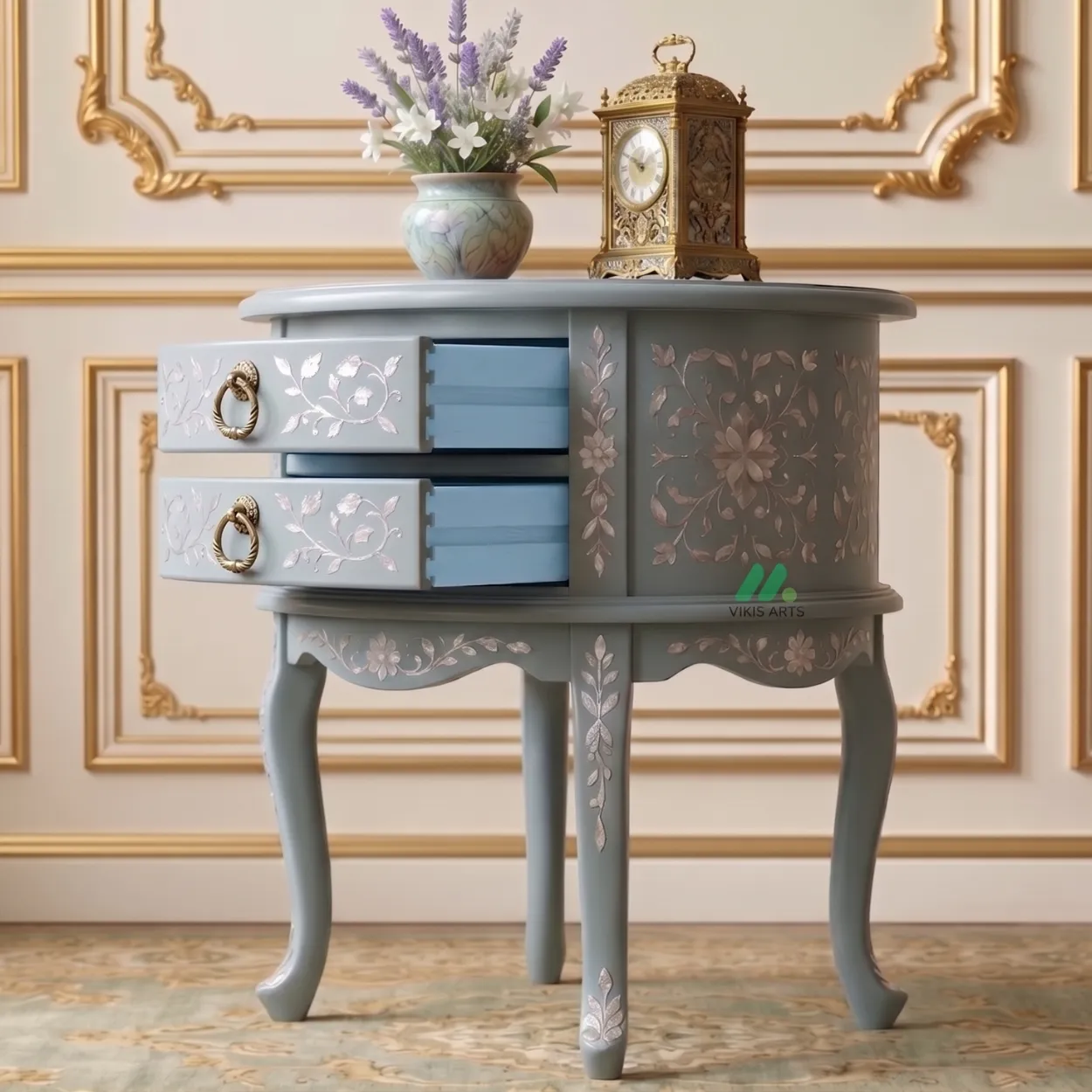 Mother of Pearl Light Blue Round Bedside Table - Image 6
