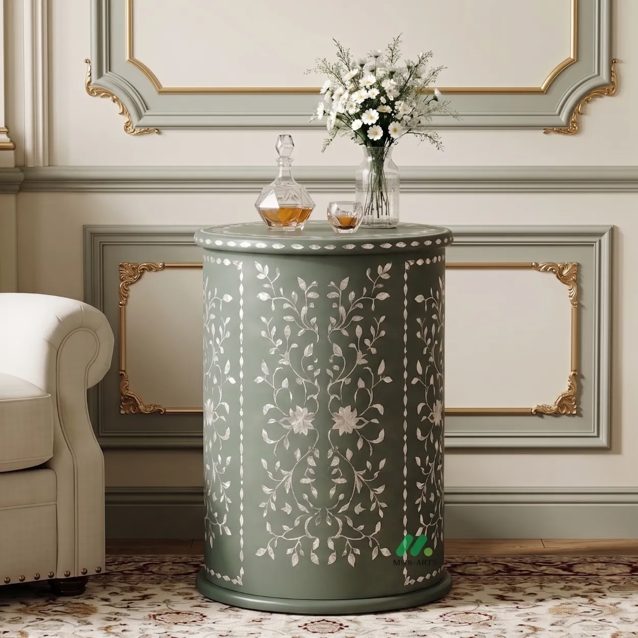 Mother of Pearl Green Round Four Drawer Nightstand - Image 4