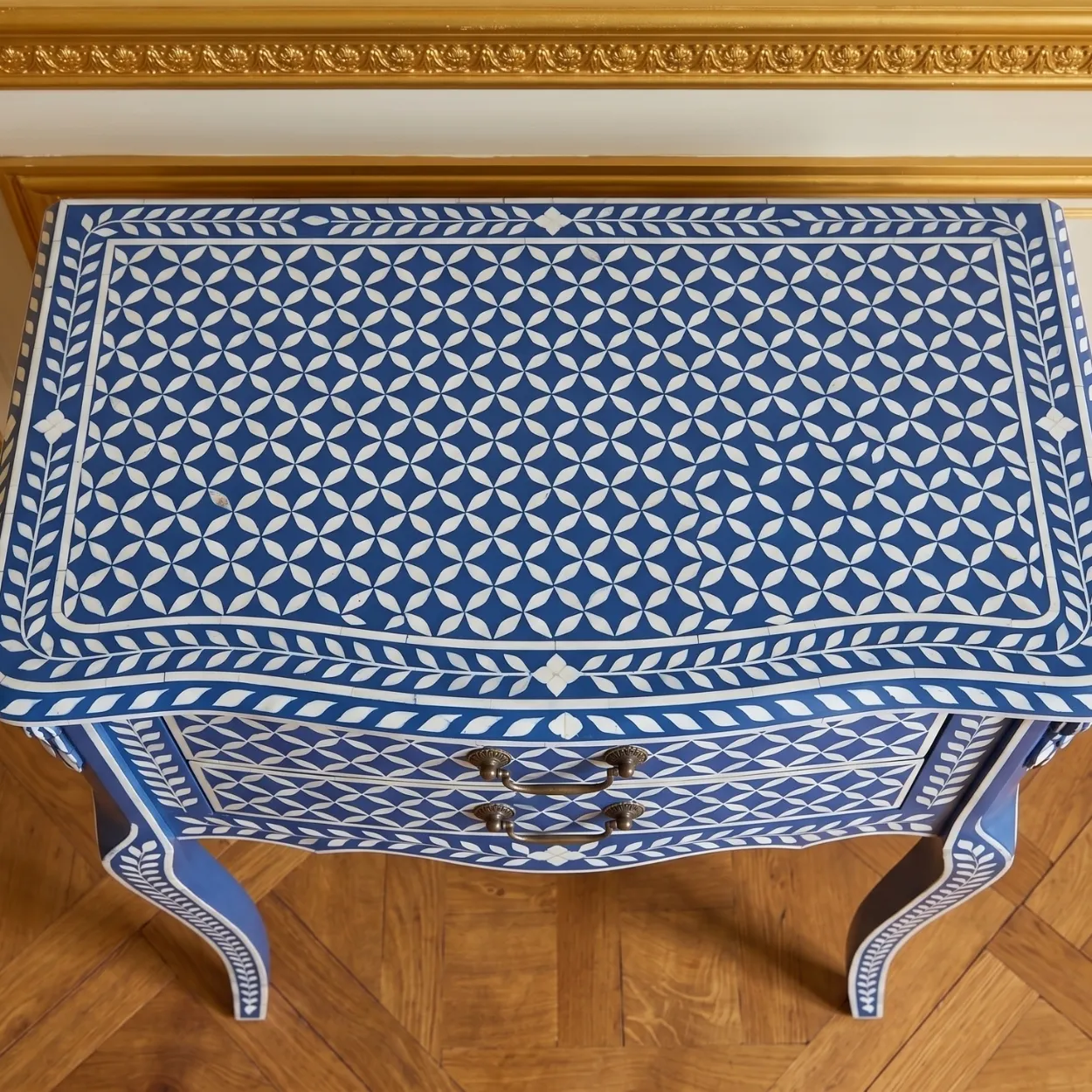 Mother of Pearl Navy Blue Bedside table with two Drawer - Image 4