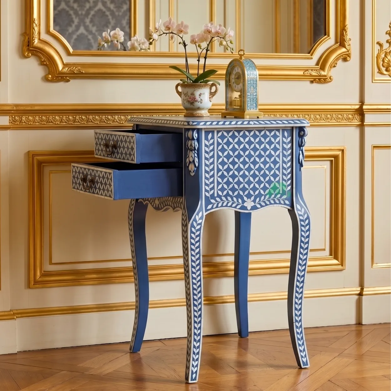 Mother of Pearl Navy Blue Bedside table with two Drawer - Image 6