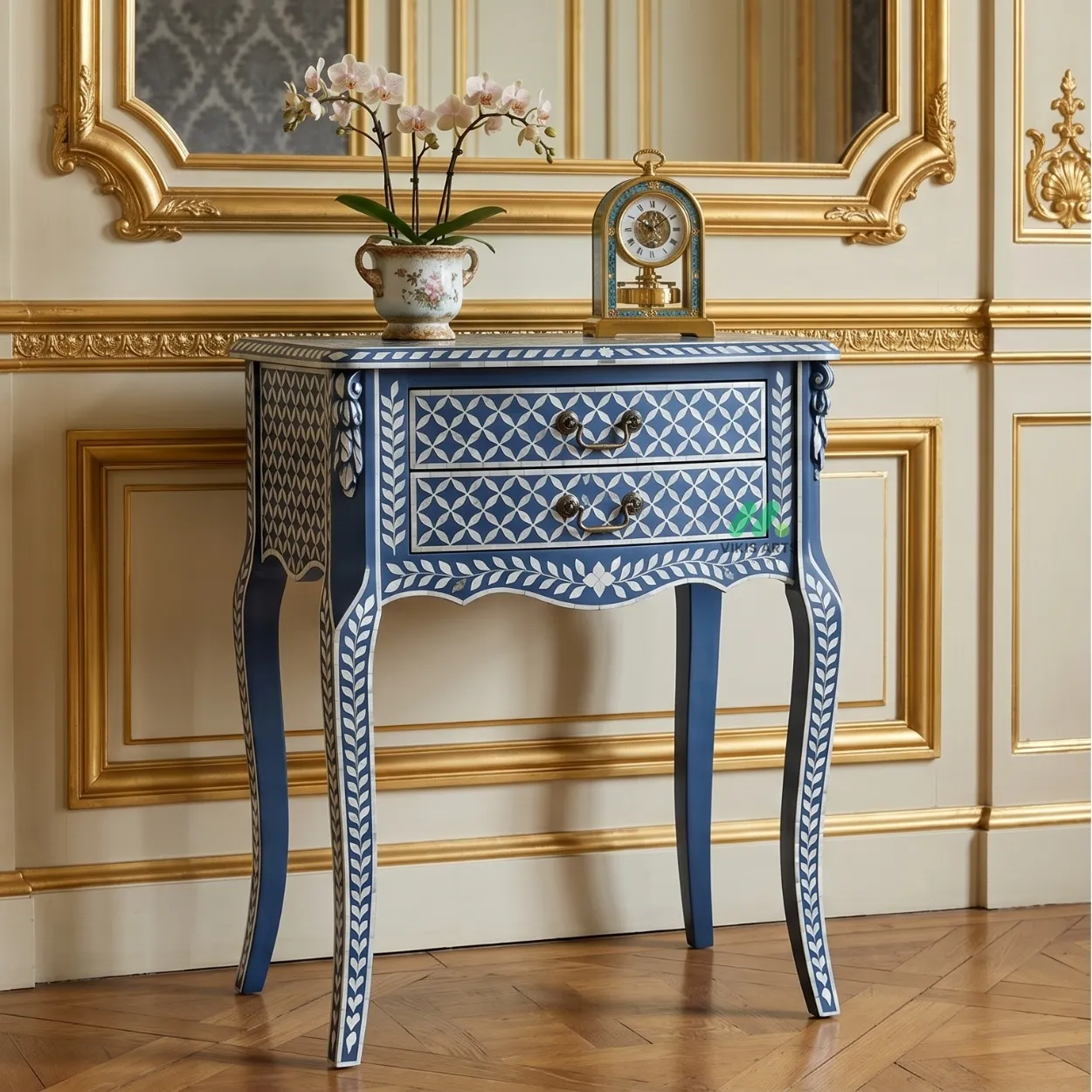 Mother of Pearl Navy Blue Bedside table with two Drawer