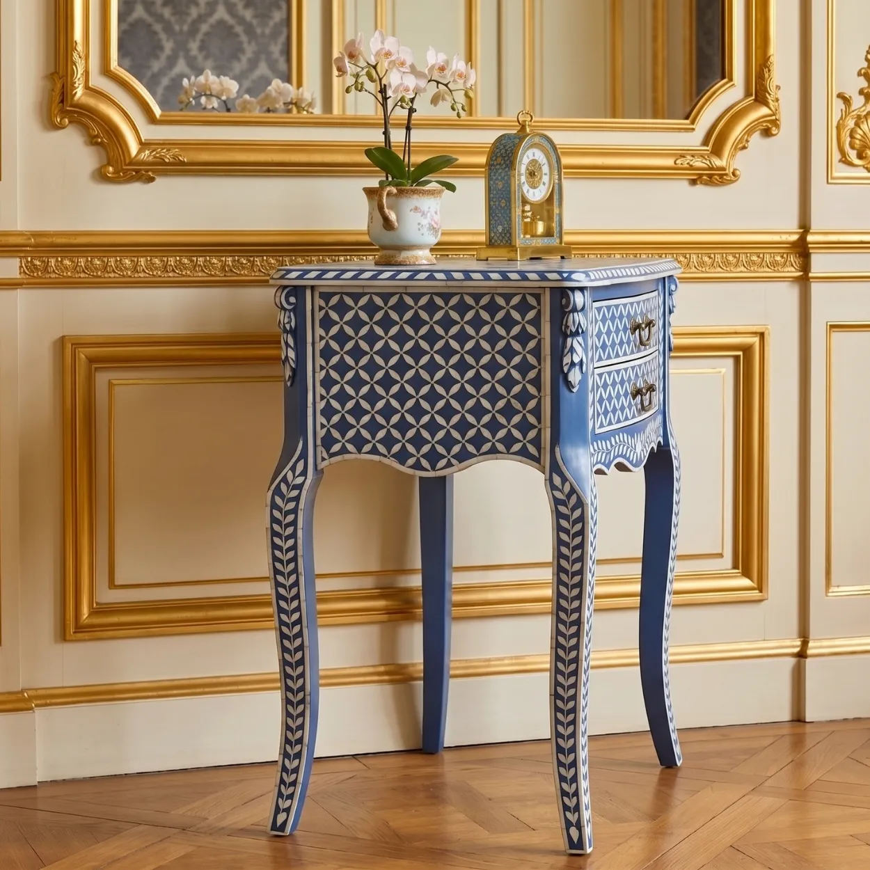 Mother of Pearl Navy Blue Bedside table with two Drawer - Image 5