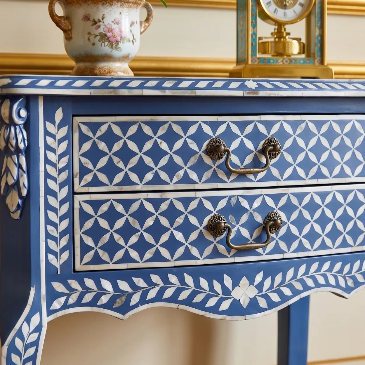 Mother of Pearl Navy Blue Bedside table with two Drawer - Image 7